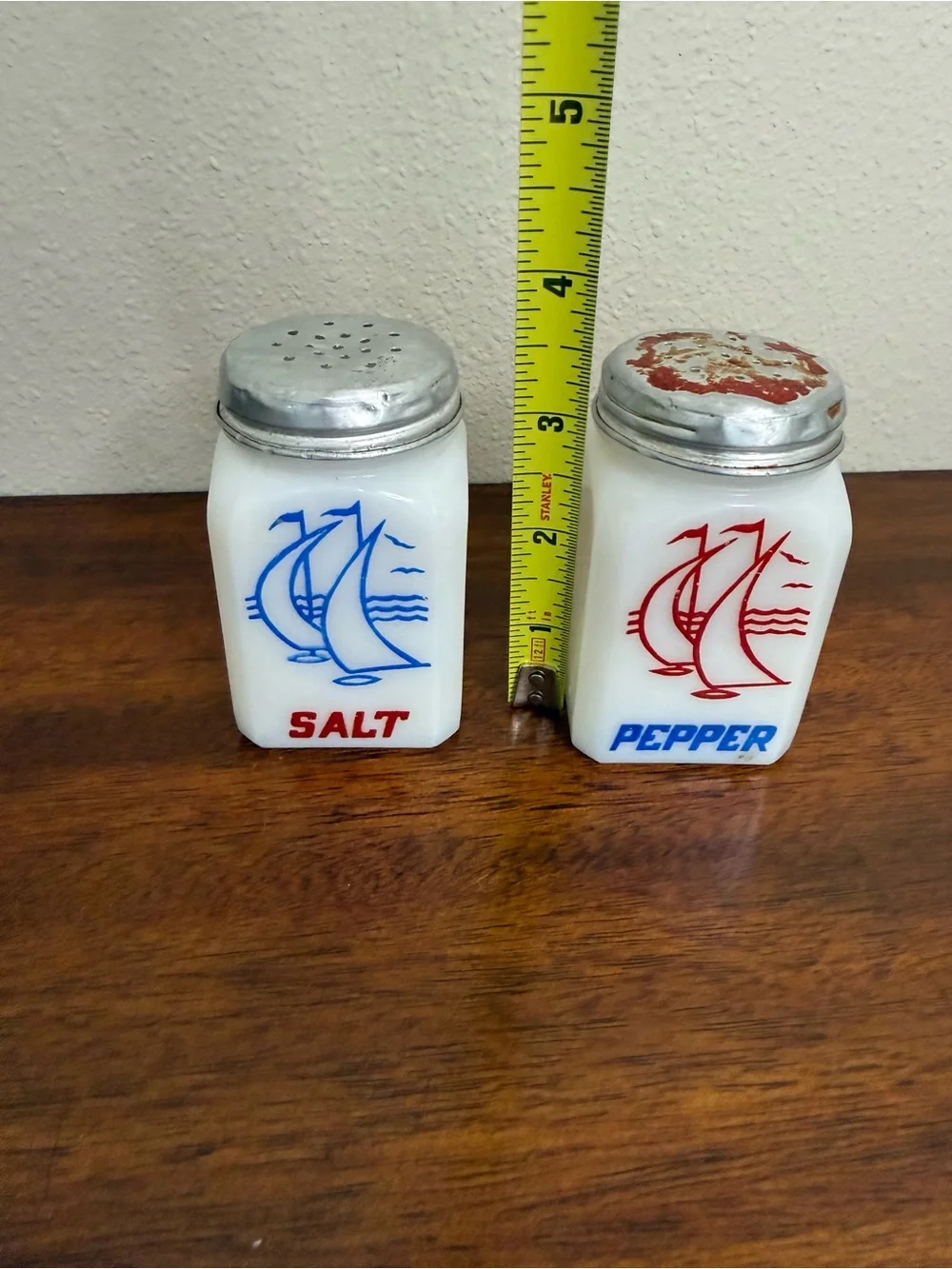 Vintage Milk glass Nautical Sail boat salt and pepper shakers USA